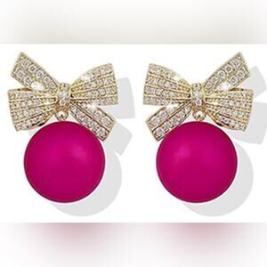Gold Rhinestone Bow and Magenta Pearl Earrings